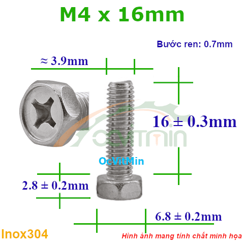 Ốc Bake Đầu Lục Giác Ngoài M4x16mm Inox304 - Oc PaKe Dau Luc Giac Ngoai