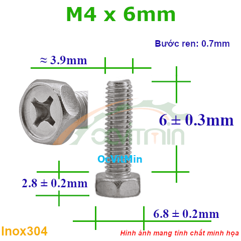 Ốc Bake Đầu Lục Giác Ngoài M4x6mm Inox304 - Oc PaKe Dau Luc Giac Ngoai