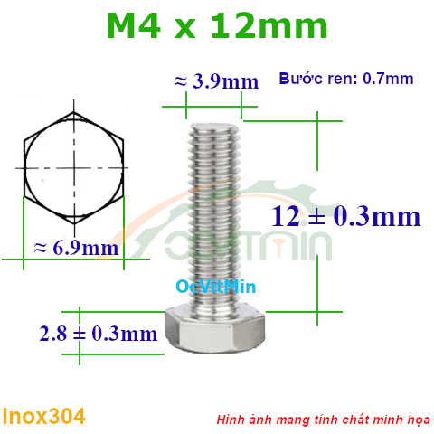Ốc Lục Giác Ngoài M4x12mm Inox304 - Oc Bulong Luc Giac Ngoai