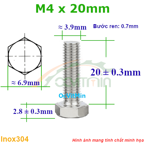 Ốc Lục Giác Ngoài M4x20mm Inox304 - Oc Bulong Luc Giac Ngoai