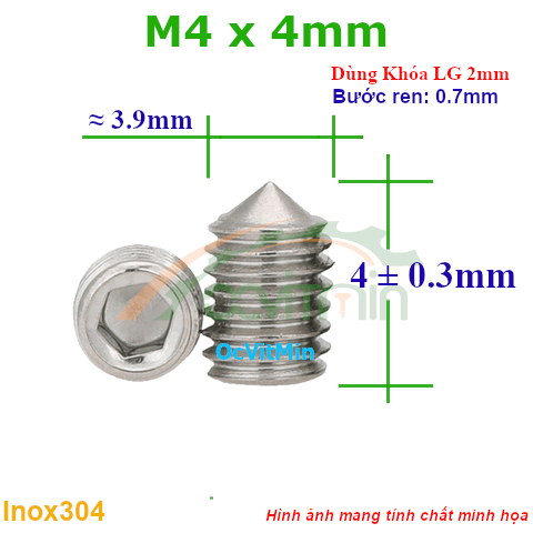 Vít Trí Đuôi Nhọn M4x4mm Inox304 - Vit Tri Duoi Nhon