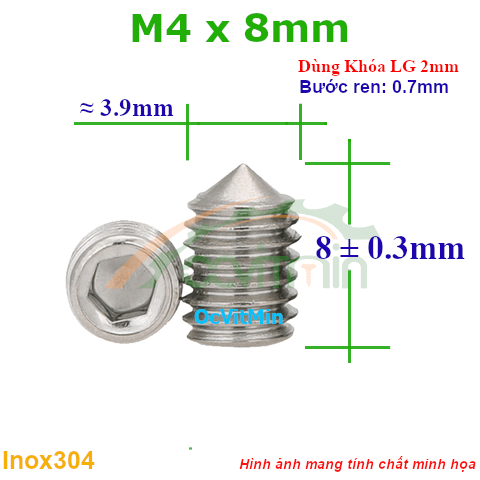 Vít Trí Đuôi Nhọn M4x8mm Inox304 - Vit Tri Duoi Nhon