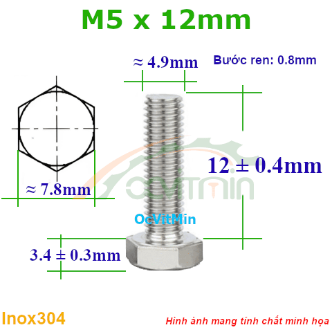 Ốc Lục Giác Ngoài M5x12mm Inox304