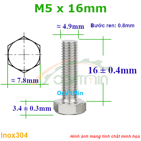 Ốc Lục Giác Ngoài M5x16mm Inox304