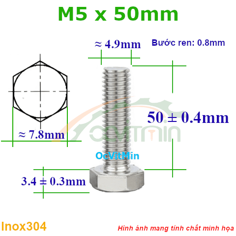 Ốc Lục Giác Ngoài M5x50mm Inox304 - Oc Bulong Luc Giac Ngoai