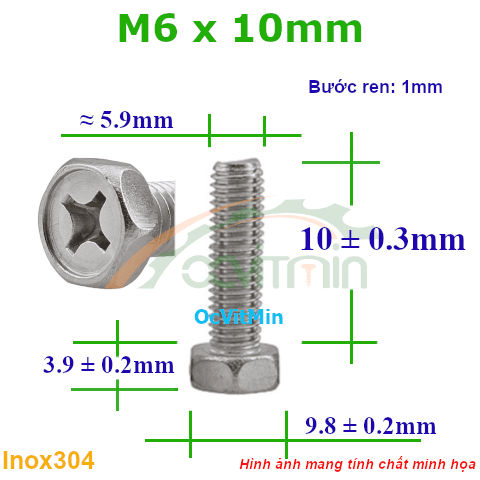 Ốc Bake Đầu Lục Giác Ngoài M6x10mm Inox304 - Oc PaKe Dau Luc Giac Ngoai