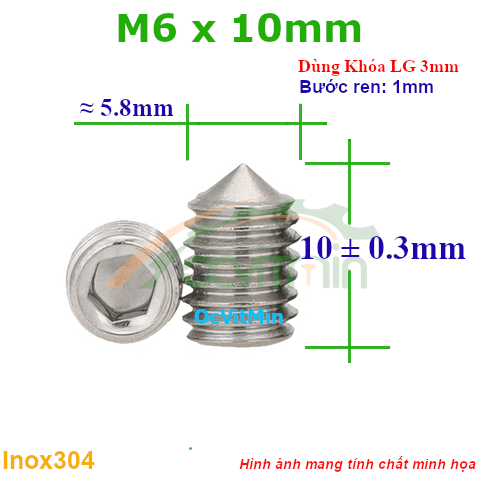 Vít Trí Đuôi Nhọn M6x10mm Inox304 - Vit Tri Duoi Nhon