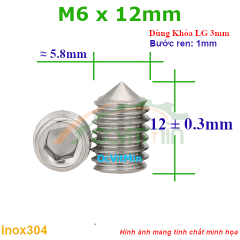 Vít Trí Đuôi Nhọn M6x12mm Inox304 - Vit Tri Duoi Nhon