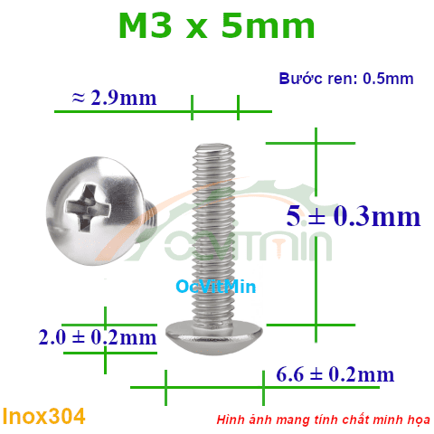 Ốc Bake Đầu Dù M3x5mm Inox304  - Oc PaKe Dau Du