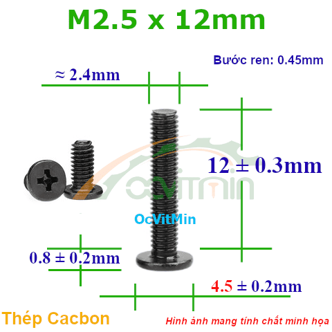 Ốc Bake Đầu Dẹp Mỏng M2.5x12mm - ø4.5mm Thép Cacbon - Oc PaKe Dau Dep Mong