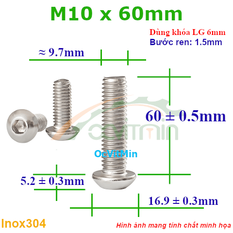 Ốc Lục Giác Đầu Dù M10x60mm Inox304 - Oc Luc Giac Dau Du
