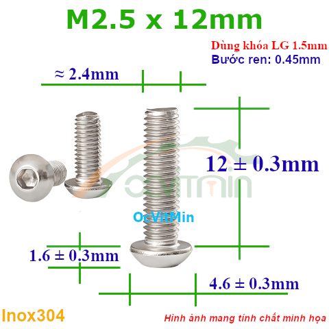 Ốc Lục Giác Đầu Dù M2.5x12mm Inox304 - Oc Luc Giac Dau Du