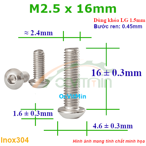 Ốc Lục Giác Đầu Dù M2.5x16mm Inox304 - Oc Luc Giac Dau Du