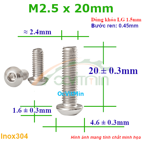 Ốc Lục Giác Đầu Dù M2.5x20mm Inox304 - Oc Luc Giac Dau Du