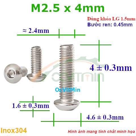 Ốc Lục Giác Đầu Dù M2.5x4mm Inox304 - Oc Luc Giac Dau Du