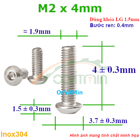 Ốc Lục Giác Đầu Dù M2x4mm Inox304 - Oc Luc Giac Dau Du