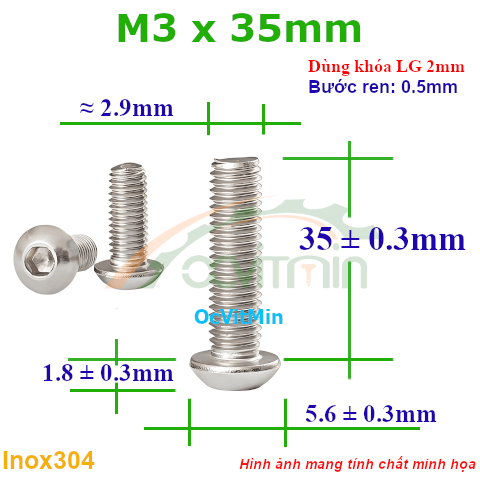 Ốc Lục Giác Đầu Dù M3x35mm Inox304