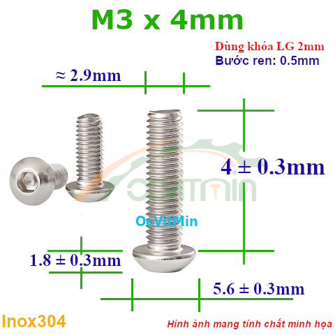 Ốc Lục Giác Đầu Dù M3x4mm Inox304
