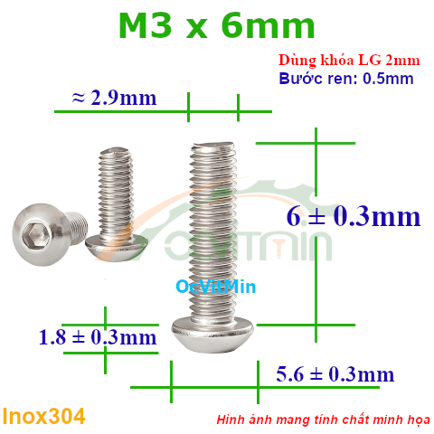 Ốc Lục Giác Đầu Dù M3x6mm Inox304