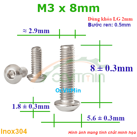 Ốc Lục Giác Đầu Dù M3x8mm Inox304