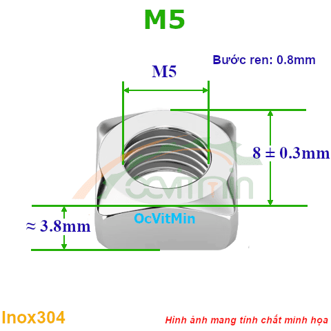 Đai Ốc Vuông M5 Tán Inox304 - Dai Oc Tan Ecu Vuong