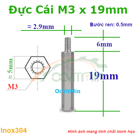 Trụ Inox304 Đực Cái Lục Giác M3x19mm - Tru Duc Cai