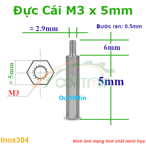 Trụ Inox304 Đực Cái Lục Giác M3x5mm - Tru Duc Cai