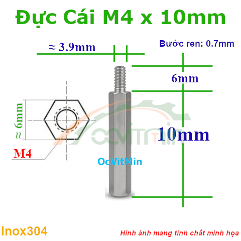 Trụ Inox304 Đực Cái Lục Giác M4x10mm