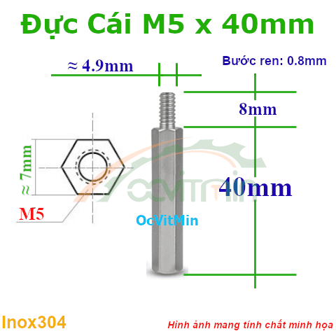 Trụ Inox304 Đực Cái Lục Giác M5x40mm - Tru Duc Cai