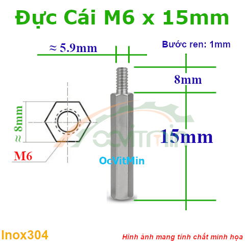 Trụ Inox304 Đực Cái Lục Giác M6x15mm - Tru Duc Cai
