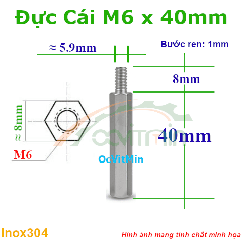 Trụ Inox304 Đực Cái Lục Giác M6x40mm - Tru Duc Cai