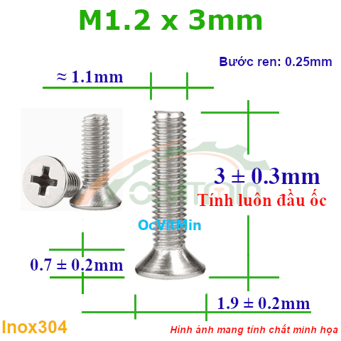 Ốc Bake Đầu Bằng M1.2x3mm Inox304 - Oc PaKe Dau Bang