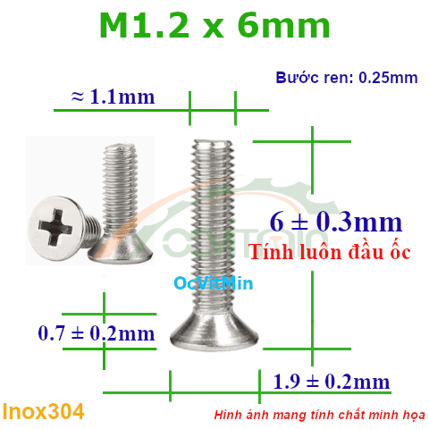 Ốc Bake Đầu Bằng M1.2x6mm Inox304 - Oc PaKe Dau Bang