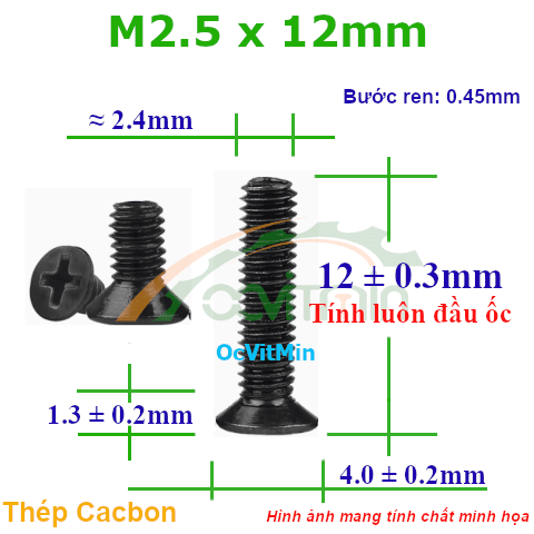 Ốc Bake Đầu Bằng M2.5x12mm Thép Cacbon - Oc PaKe Dau Bang