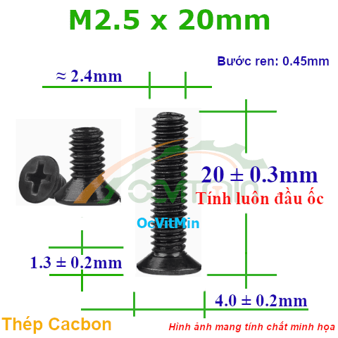 Ốc Bake Đầu Bằng M2.5x20mm Thép Cacbon - Oc PaKe Dau Bang