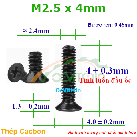 Ốc Bake Đầu Bằng M2.5x4mm Thép Cacbon - Oc PaKe Dau Bang
