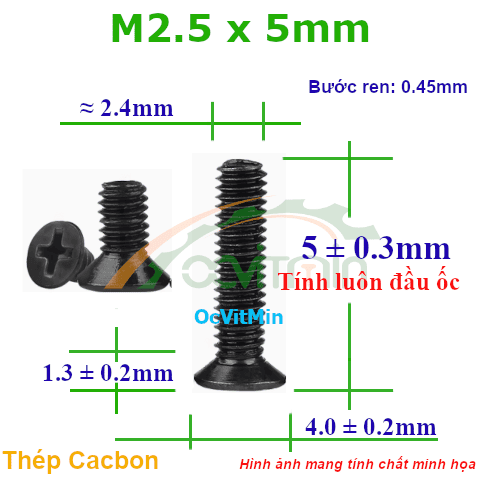 Ốc Bake Đầu Bằng M2.5x5mm Thép Cacbon - Oc PaKe Dau Bang