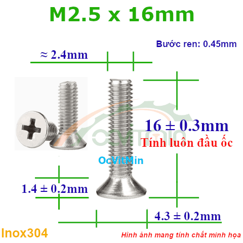 Ốc Bake Đầu Bằng M2.5x16mm Inox304 - Oc PaKe Dau Bang