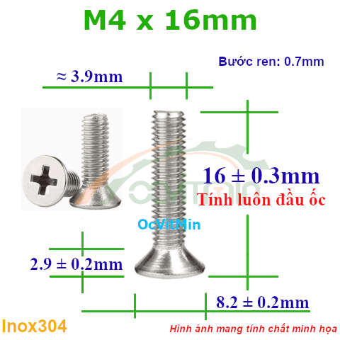 Ốc Bake Đầu Bằng M4x16mm Inox304