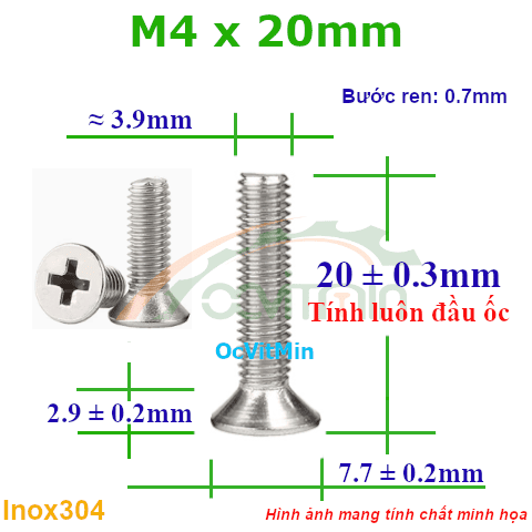 Ốc Bake Đầu Bằng M4x20mm Inox304
