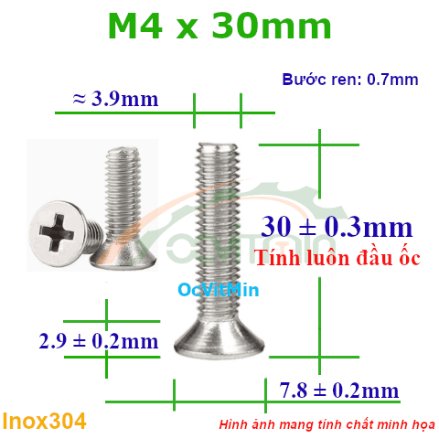 Ốc Bake Đầu Bằng M4x30mm Inox304