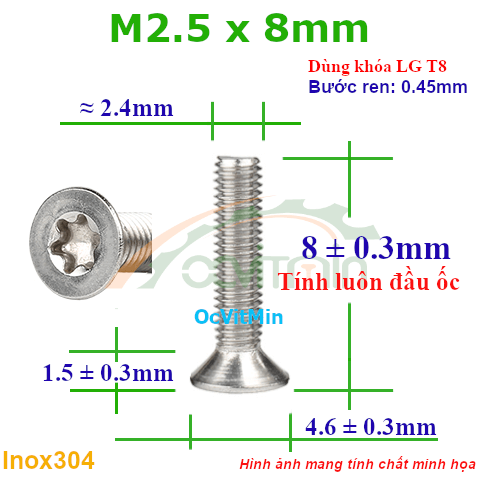 Ốc Lục Giác Bông Đầu Bằng M2.5x8mm Inox304 - Oc Luc Giac Bong Sao Dau Bang