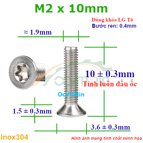 Ốc Lục Giác Bông Đầu Bằng M2x10mm Inox304 - Oc Luc Giac Bong Sao Dau Bang