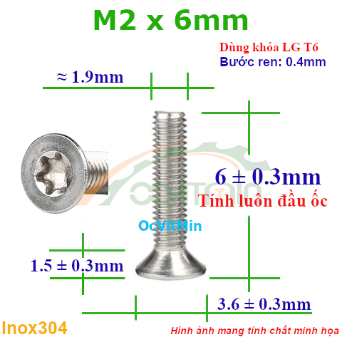 Ốc Lục Giác Bông Đầu Bằng M2x6mm Inox304 - Oc Luc Giac Bong Sao Dau Bang