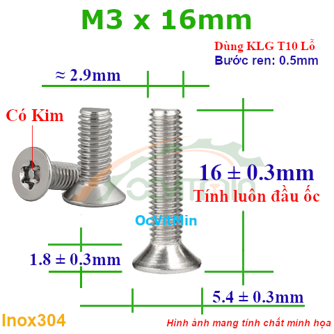 Ốc Lục Giác Bông Đầu Bằng M3x16mm Inox304 - Oc Luc Giac Bong Sao Dau Bang