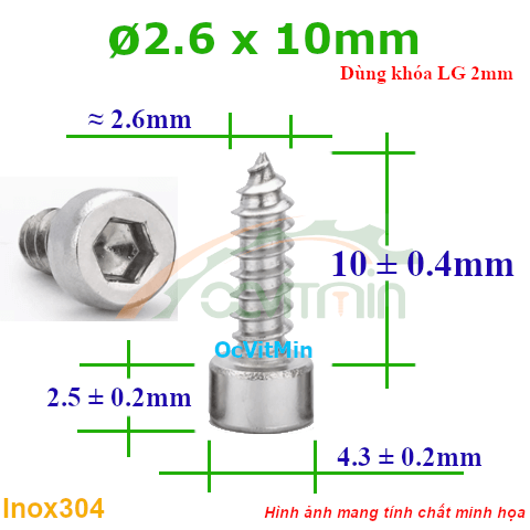 Vít Gỗ Lục Giác Đầu Trụ ø 2.6x10mm - Vit Go Dau Luc Giac Tru