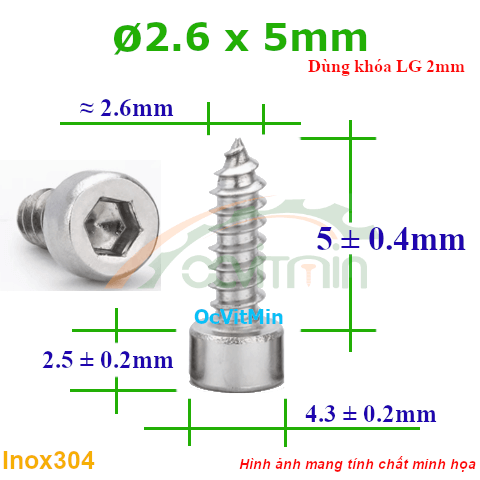 Vít Gỗ Lục Giác Đầu Trụ ø 2.6x5mm - Vit Go Dau Luc Giac Tru