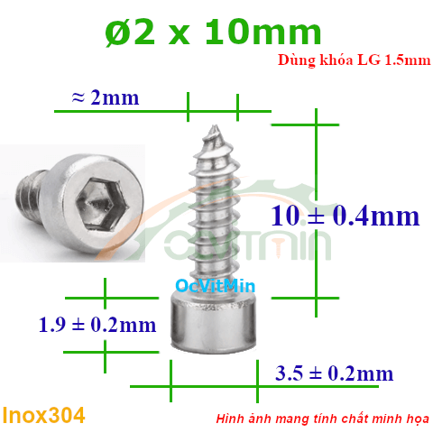 Vít Gỗ Lục Giác Đầu Trụ ø 2x10mm - Vit Go Dau Luc Giac Tru
