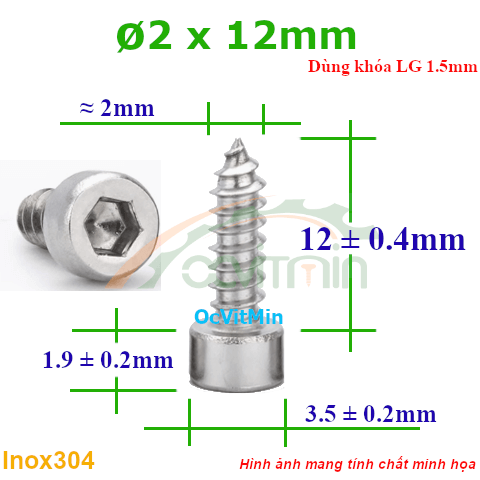 Vít Gỗ Lục Giác Đầu Trụ ø 2x12mm - Vit Go Dau Luc Giac Tru