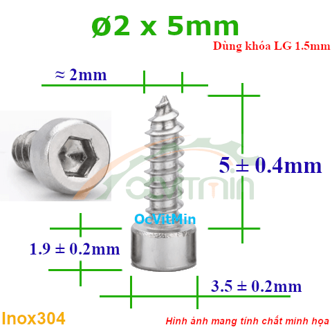 Vít Gỗ Lục Giác Đầu Trụ ø 2x5mm - Vit Go Dau Luc Giac Tru